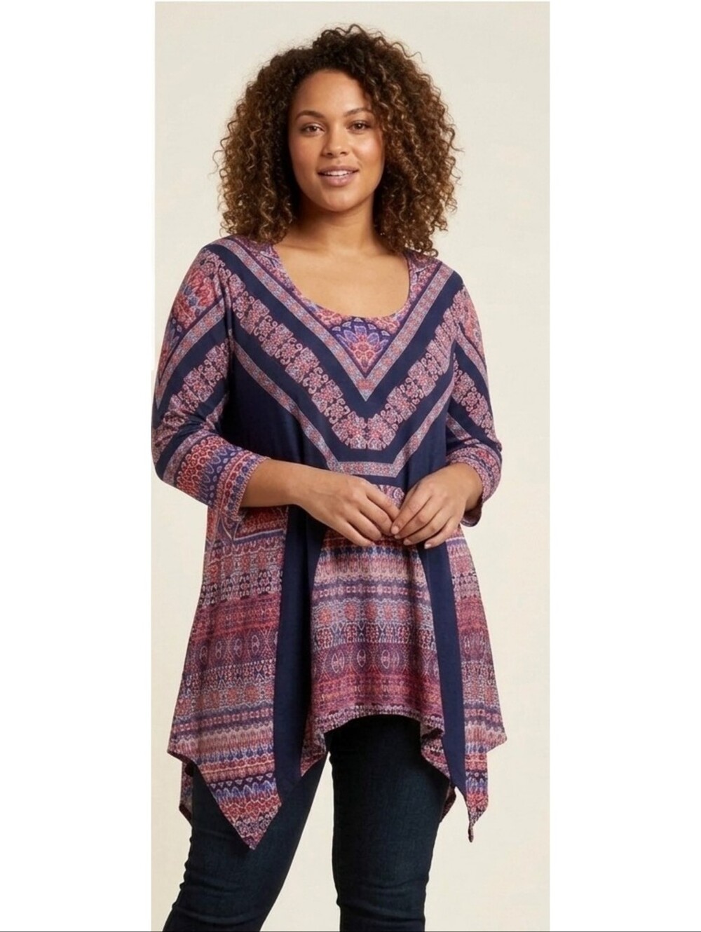 Hannah Woman Handkerchief Hem Patterned Top Navy & Red Size 2X - Picture 1 of 9